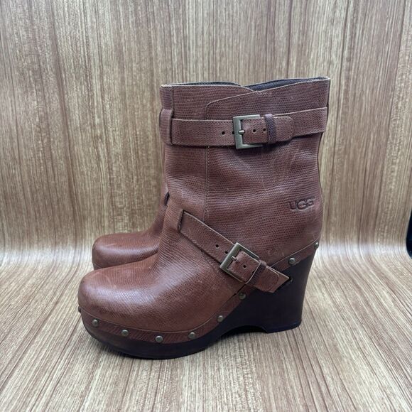 UGG Taryn Brown Leather Wedge Heeled Ankle Booties Boots Women’s Size 7 - Picture 3 of 8